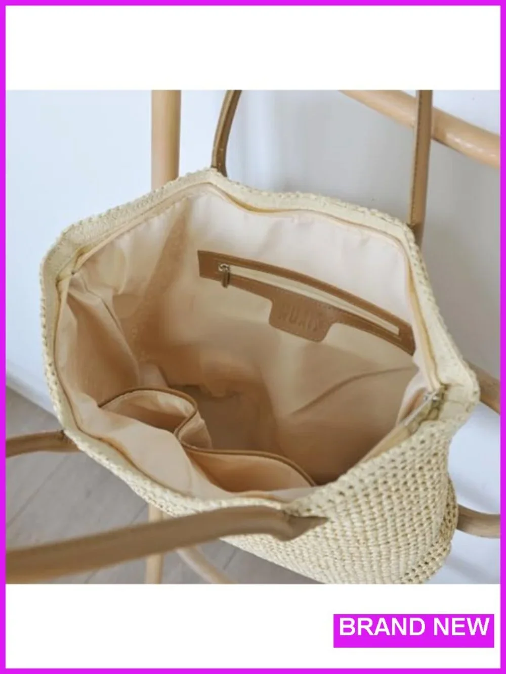 Striped Synthetic Straw Tote Lightweight Shoulder Handbag with Zipper